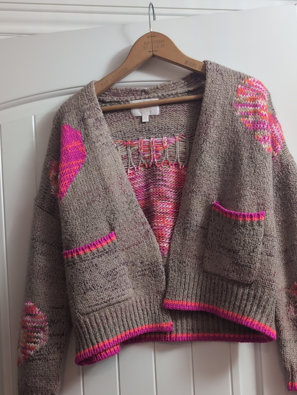 Women’s Taupe Cardigan Sweater with Pink Accent